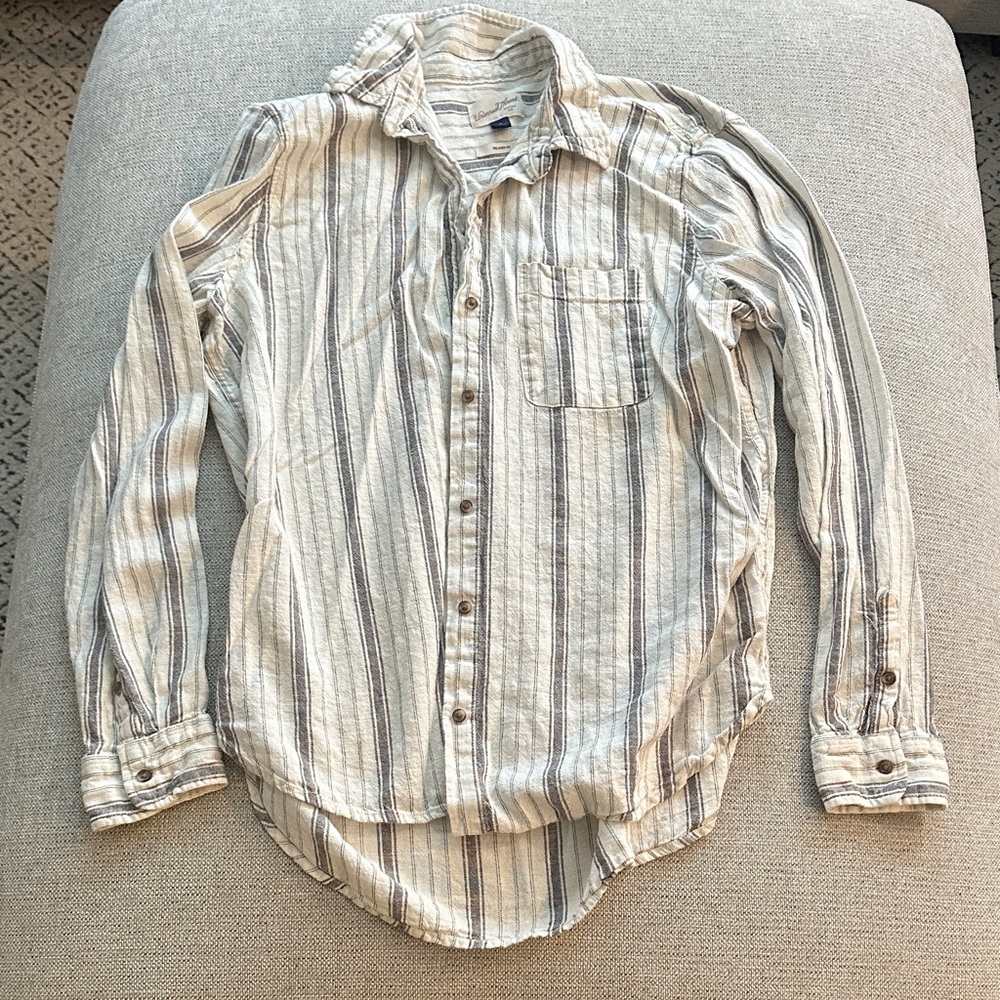 Casual Striped Button Down Shirt - Cream and Gray